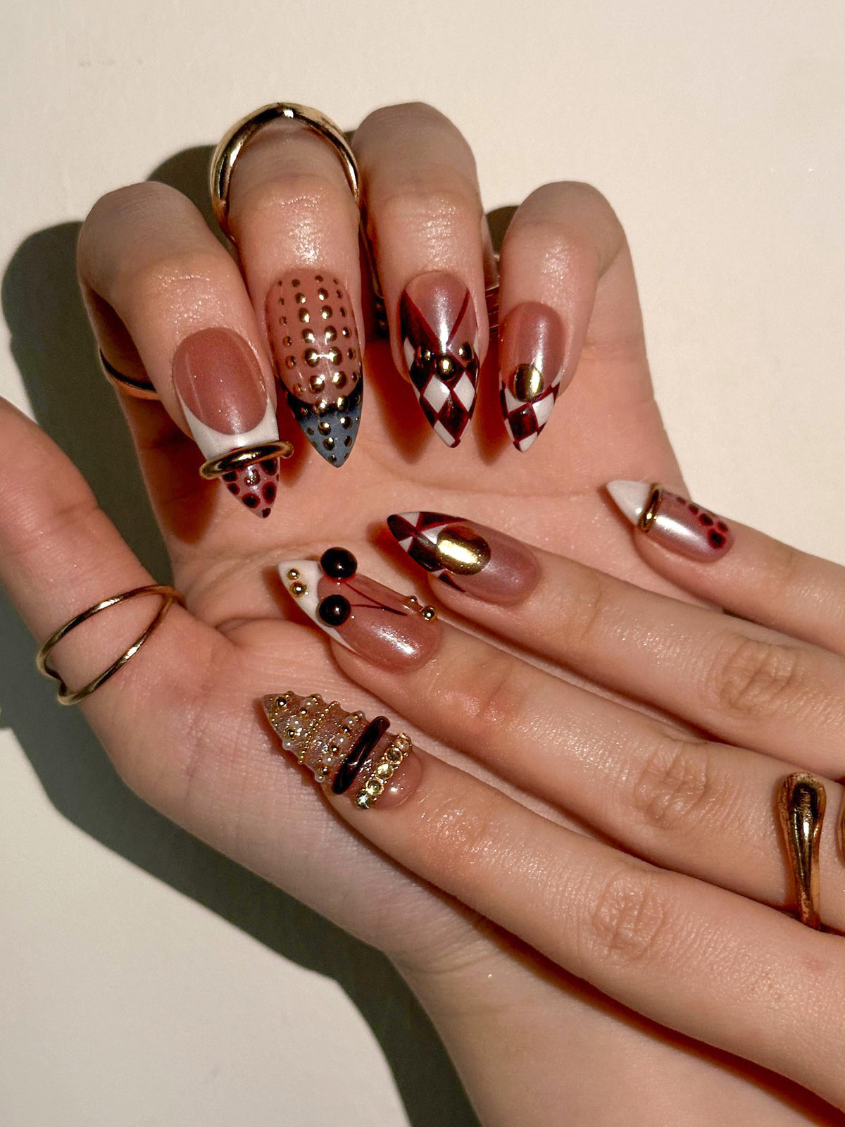 Gold Ring Luxury Press On Nails | Pearl Nude & Gold Hardware Nails | Luxury Gilded Almond Nail Art | High Fashion Jewelry Nail Set | JB296EC