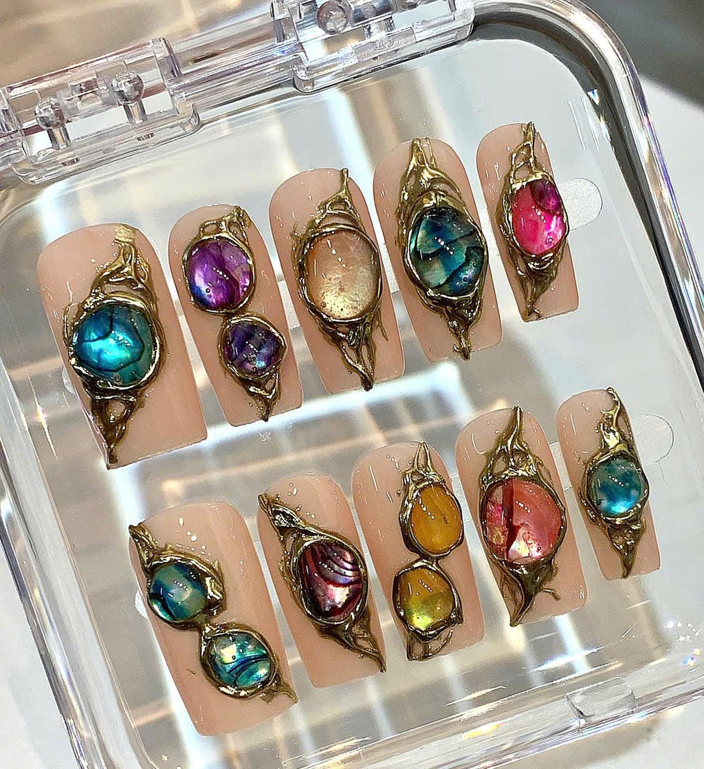 Opal Gem Press On Nails | Gold Frame Nude Nails | Luxury Crystal Handmade Nail Set