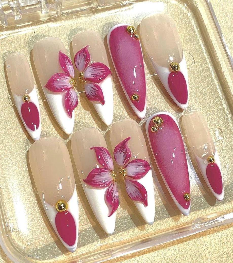 Pink 3D Flower Press On Nails | Elegant White French Tip Nail Set
