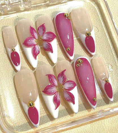 Pink 3D Flower Press On Nails | Elegant White French Tip Nail Set