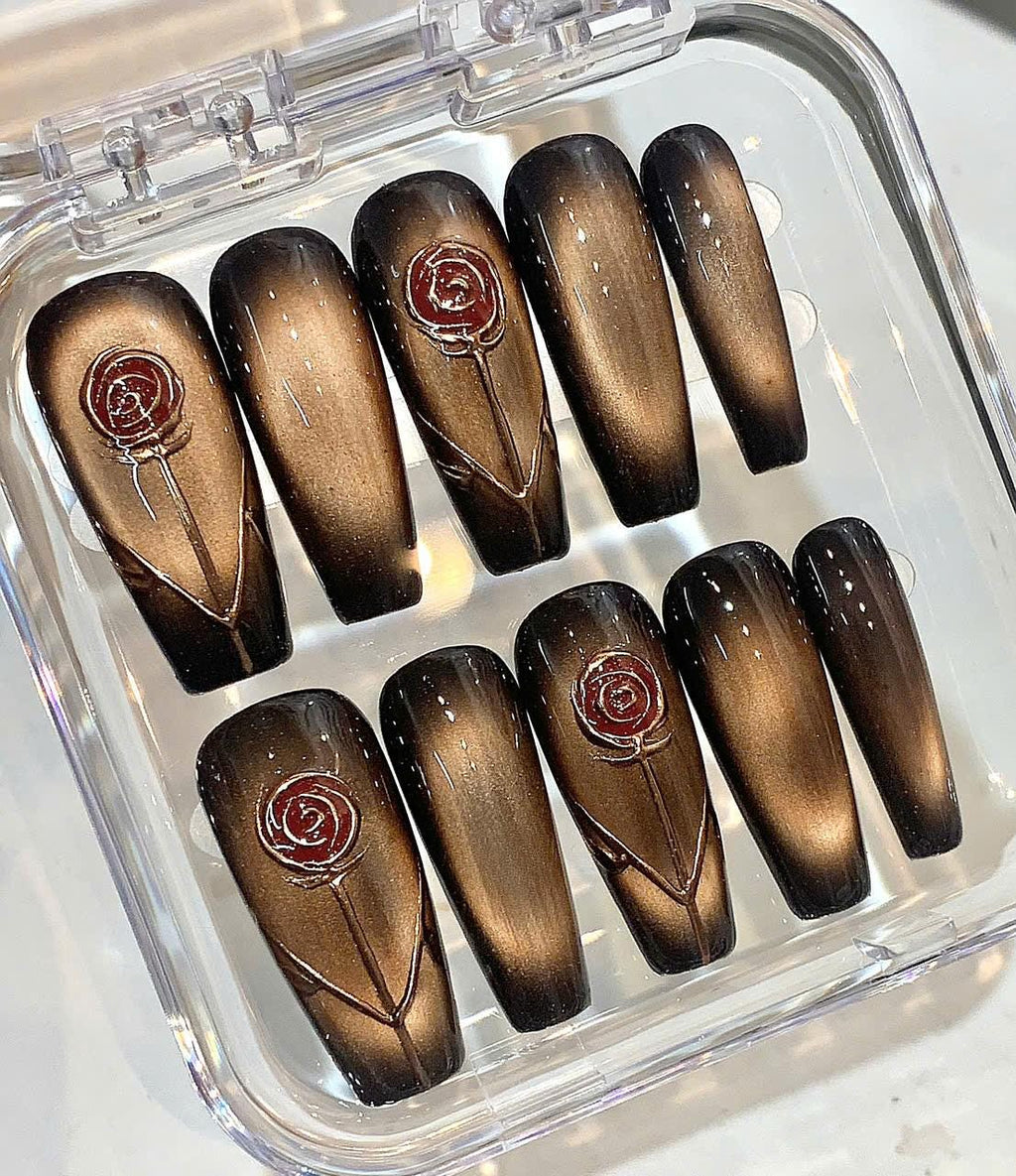 Black Rose Press On Nails: Gothic Cat Eye Magnetic Effect, Handmade