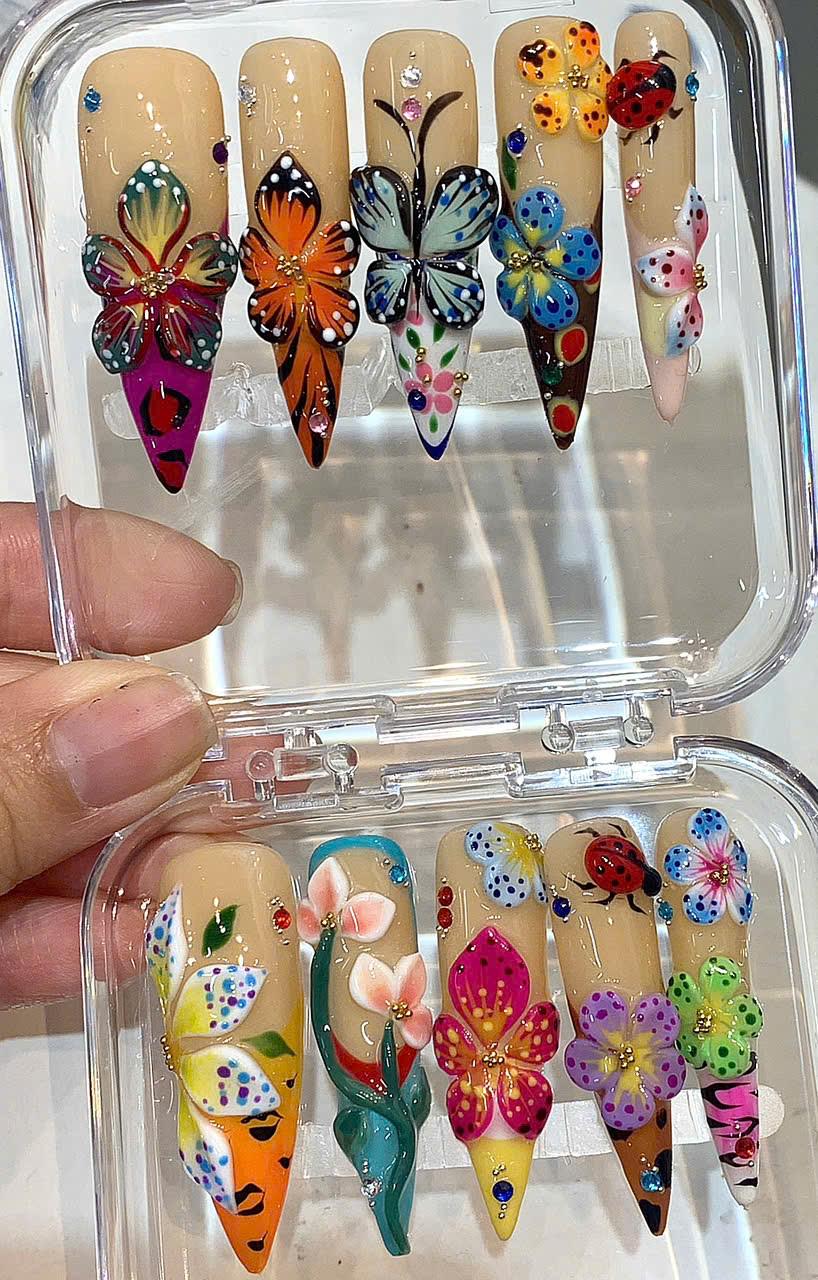 Flower Butterfly Press On Nails: 3D Floral Garden Nail Art