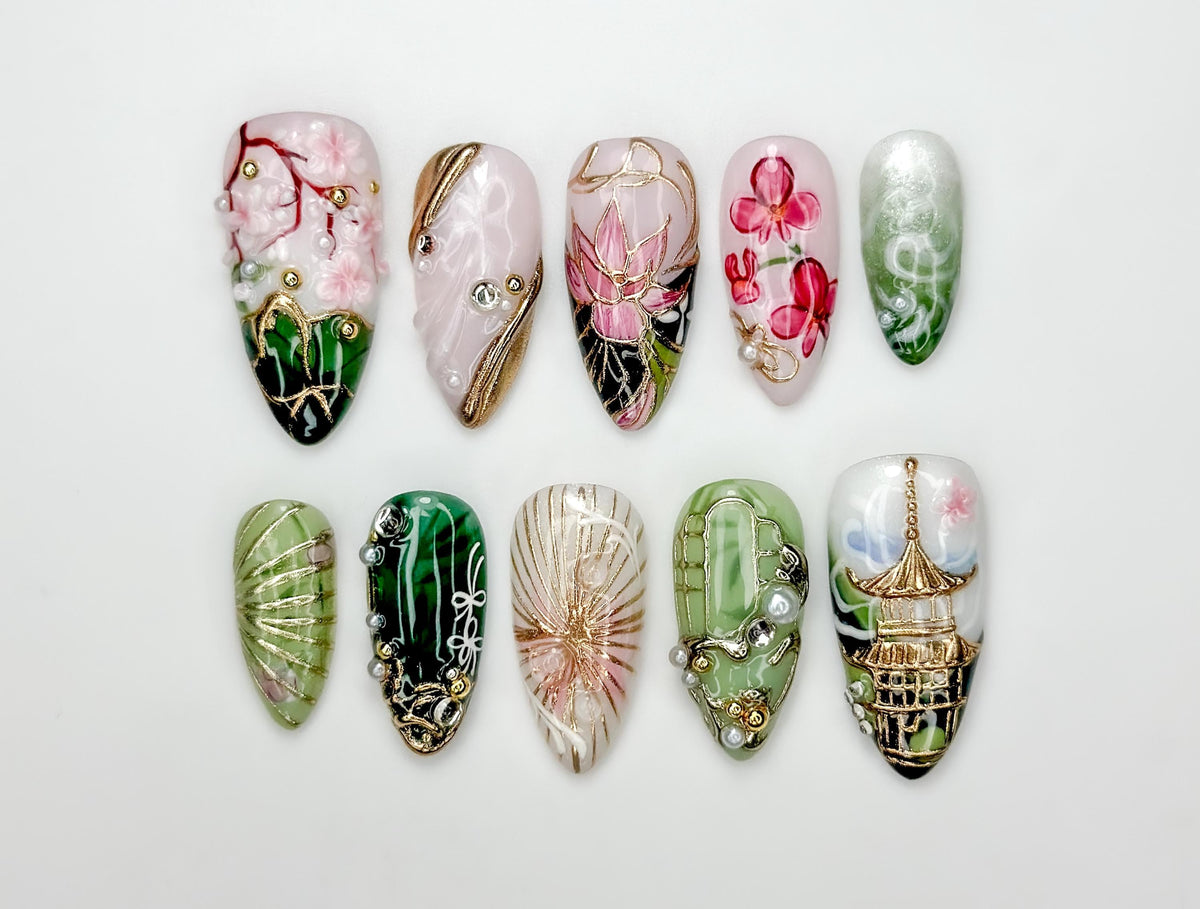 Asian Inspired Luxury Press On Nails | Jade Green Gold Floral Nails | Handpainted Pagoda Nail Art | Elegant Statement Press Ons | JB309HC