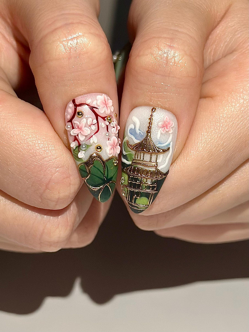 Asian Inspired Luxury Press On Nails | Jade Green Gold Floral Nails | Handpainted Pagoda Nail Art | Elegant Statement Press Ons | JB309HC