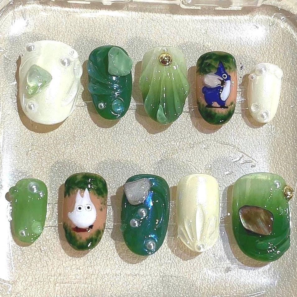 Totoro Forest Press On Nails – Studio Ghibli Inspired Handmade Green Jelly Nail Art Set