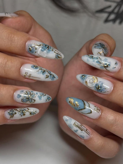 Blue Bloom Elegant  Press On Nails | Chinese Luxury Floral Nails | Gold Wire Stiletto Nails | Clear Luxury Art Press Ons | JC299EC