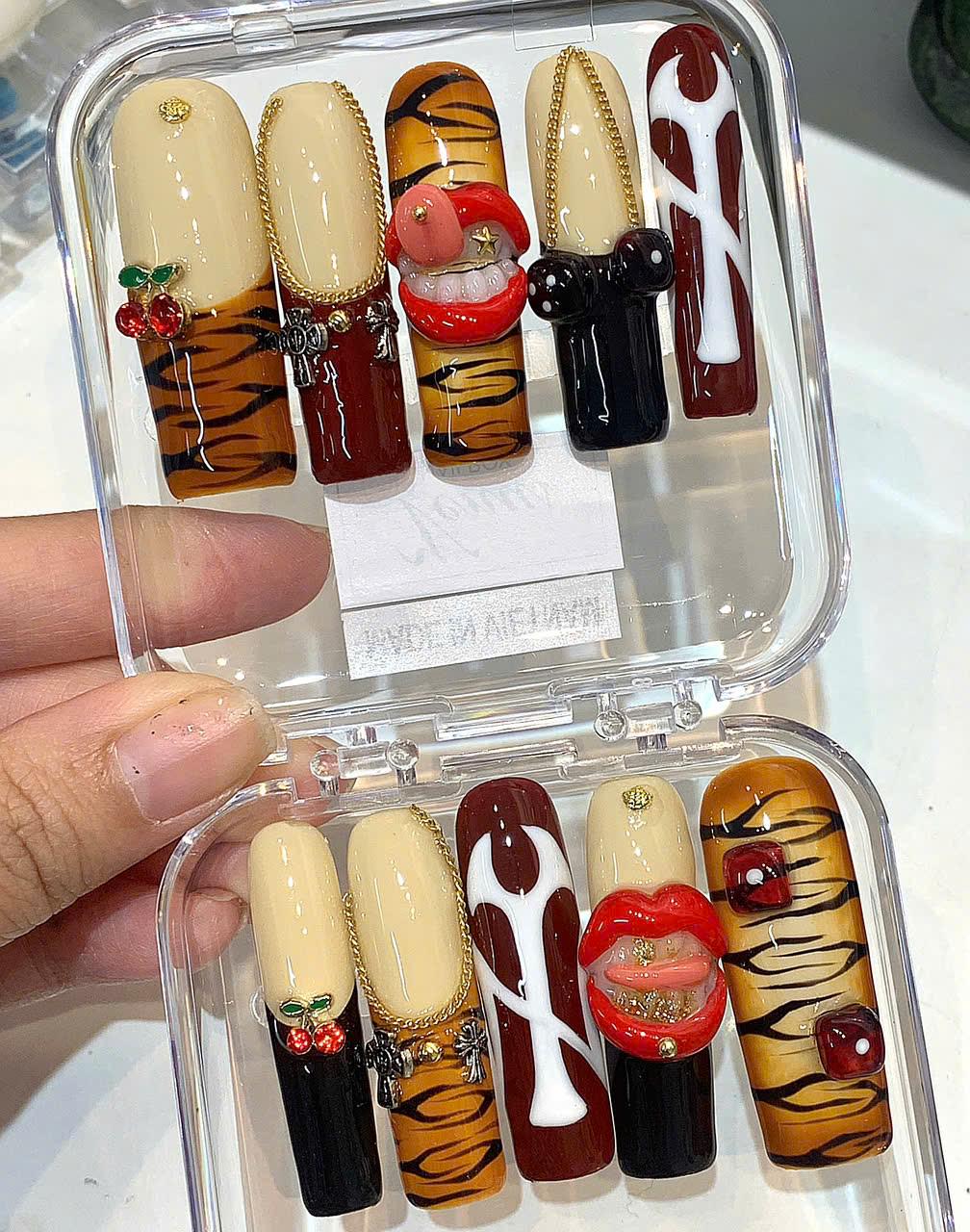 Tiger Print Press On Nails: Red Lips, Cherry Charm, Reusable Nail Art Set