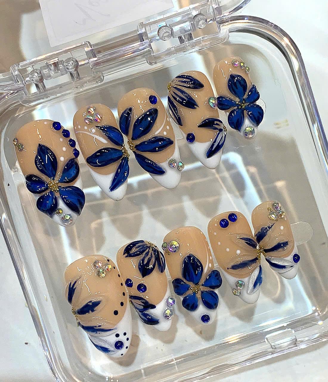 3D Blue Floral Press On Nails: Rhinestone French Tip Nail Art