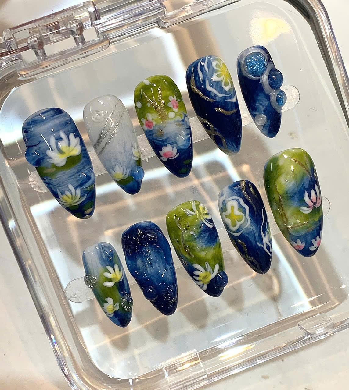 Water Lily Press On Nails | Navy Green Floral Nail Set | Hand Painted Art Nails
