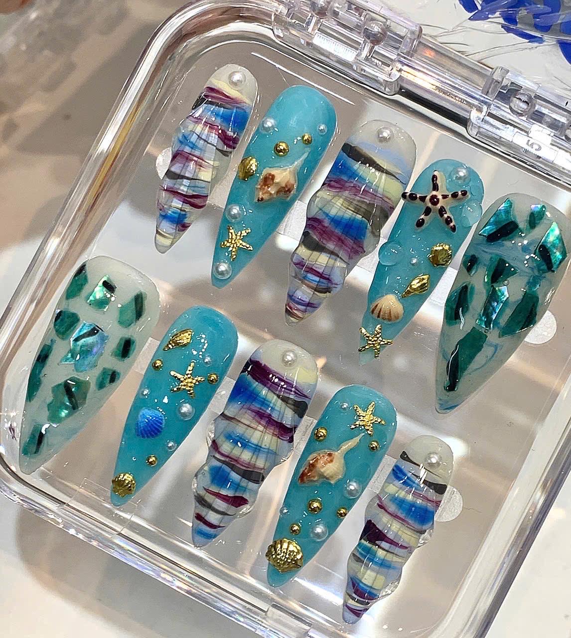 3D Seashell Press On Nails | Blue Mermaid Summer False Nail Set