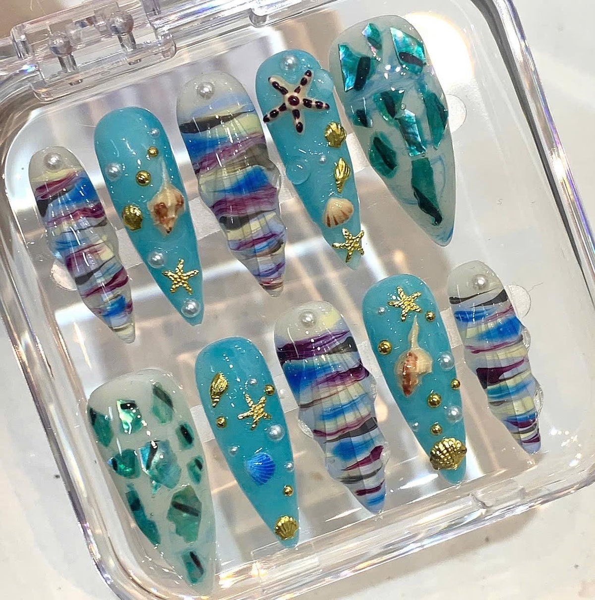 3D Seashell Press On Nails | Blue Mermaid Summer False Nail Set
