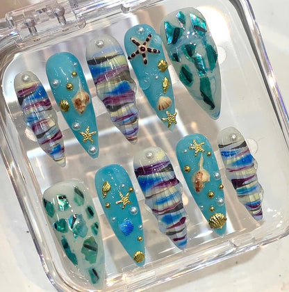 3D Seashell Press On Nails | Blue Mermaid Summer False Nail Set