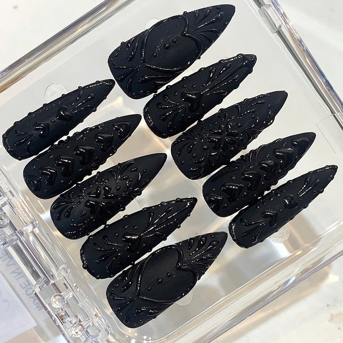 Black Gothic Press On Nails | 3D Heart, Baroque Stiletto