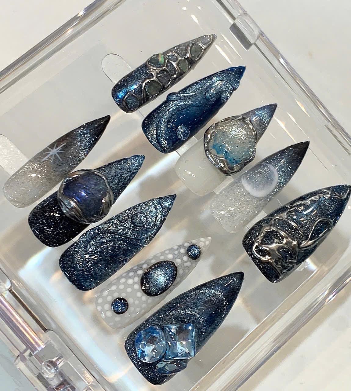 Galaxy Press On Nails | 3D Crystal Stiletto False Nail Set