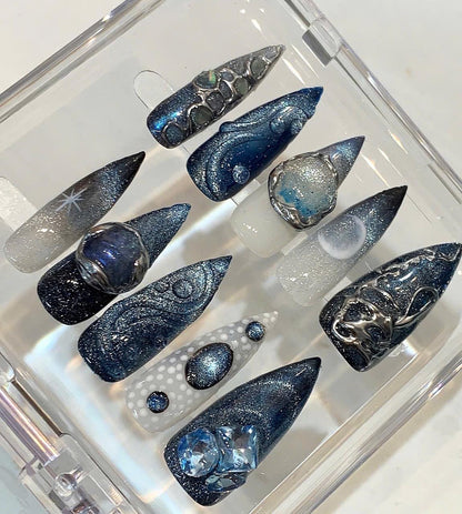 Galaxy Press On Nails | 3D Crystal Stiletto False Nail Set