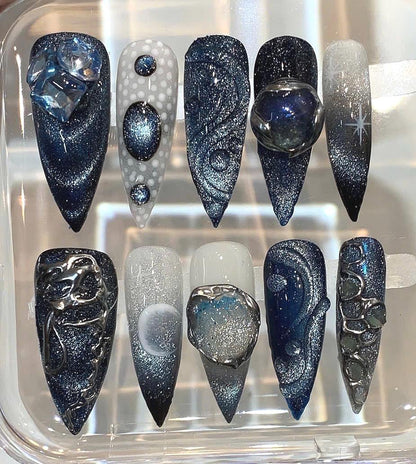 Galaxy Press On Nails | 3D Crystal Stiletto False Nail Set