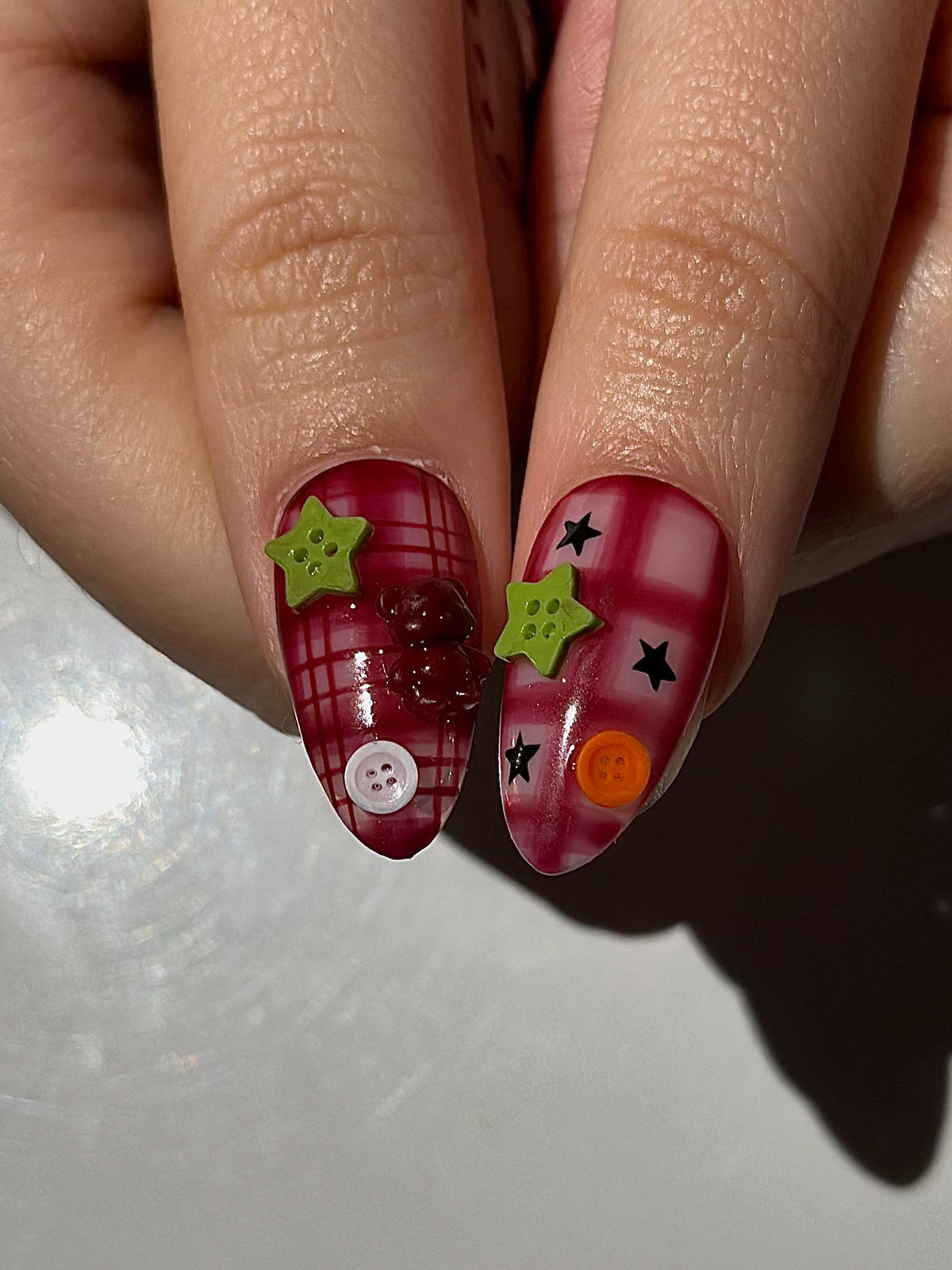 Kawaii Teddy Bear Press On Nails | Cute Teddy & Button Nail Art | Handmade Kawaii Nails | Pink Plaid Press Ons | Cute Core Nails | JB1022H