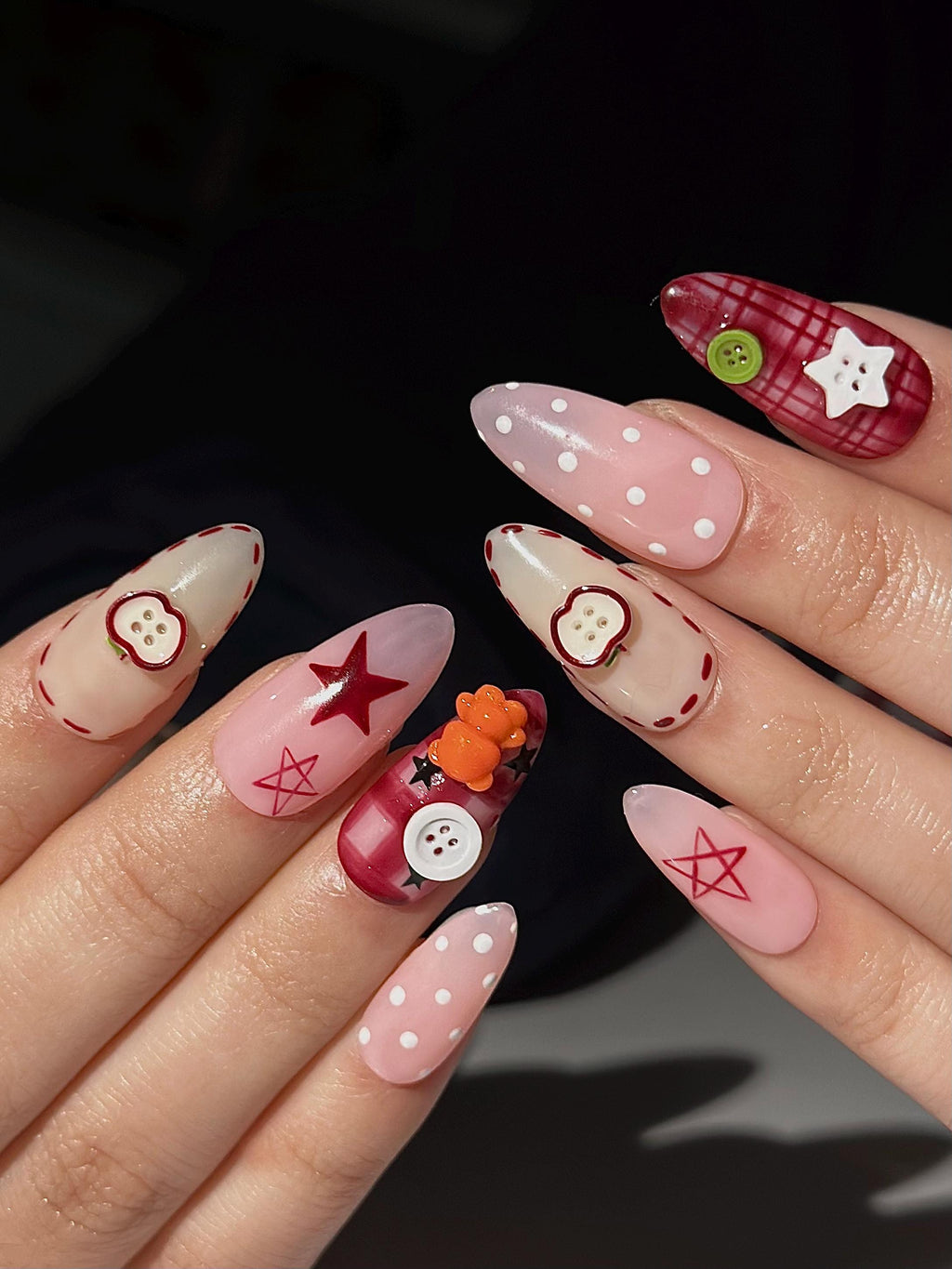Kawaii Teddy Bear Press On Nails | Cute Teddy & Button Nail Art | Handmade Kawaii Nails | Pink Plaid Press Ons | Cute Core Nails | JB1022H
