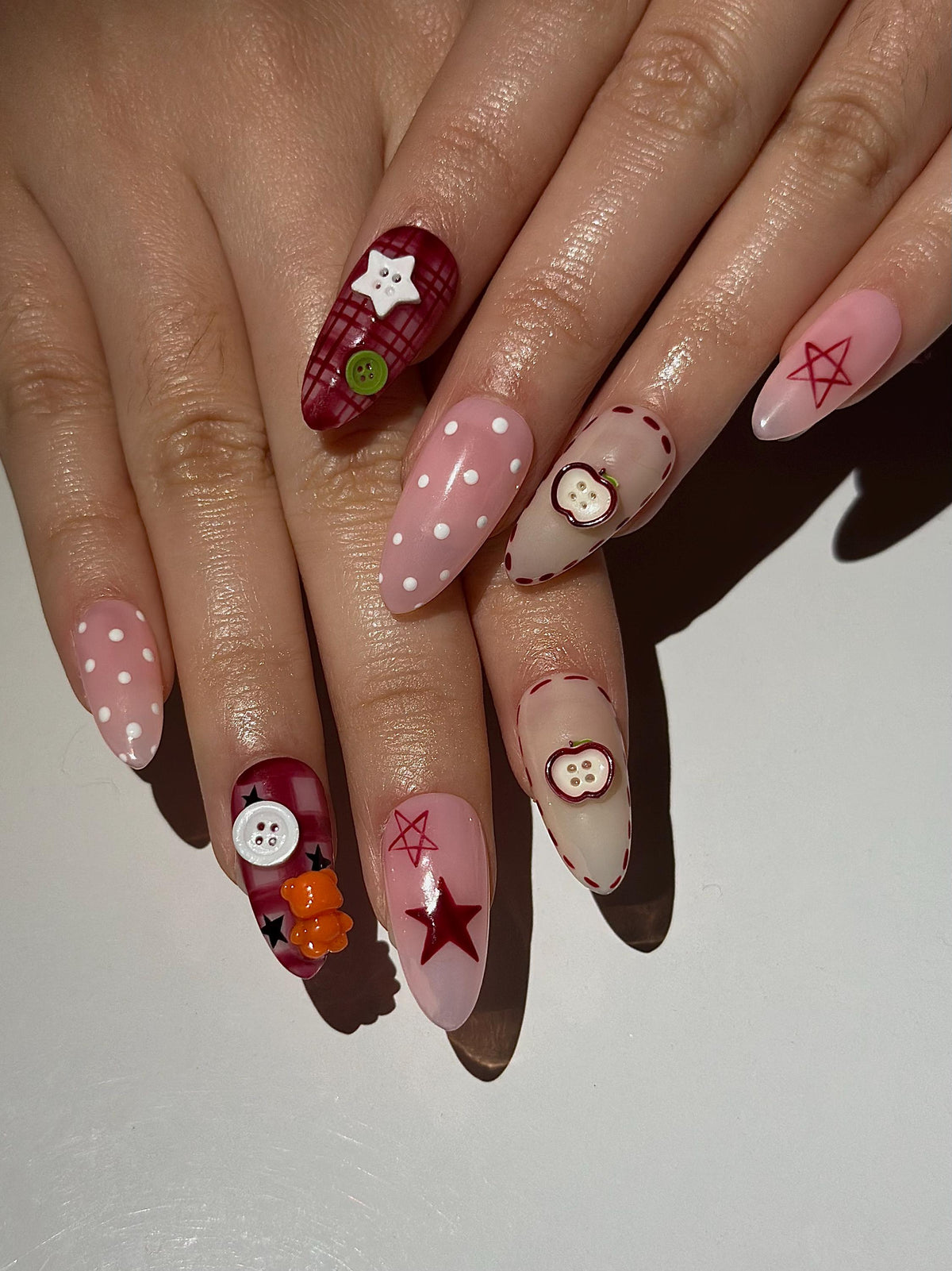 Kawaii Teddy Bear Press On Nails | Cute Teddy & Button Nail Art | Handmade Kawaii Nails | Pink Plaid Press Ons | Cute Core Nails | JB1022H