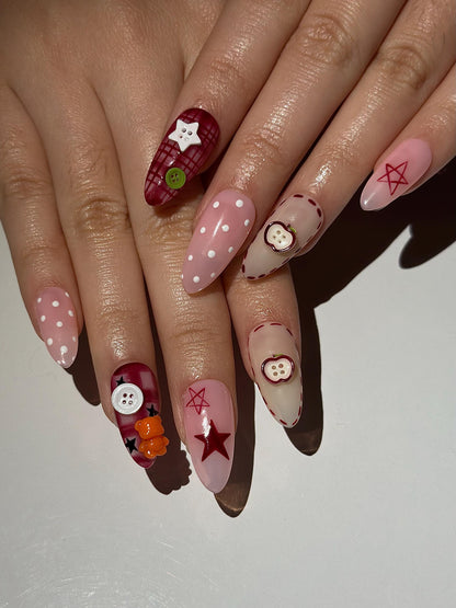 Kawaii Teddy Bear Press On Nails | Cute Teddy & Button Nail Art | Handmade Kawaii Nails | Pink Plaid Press Ons | Cute Core Nails | JB1022H