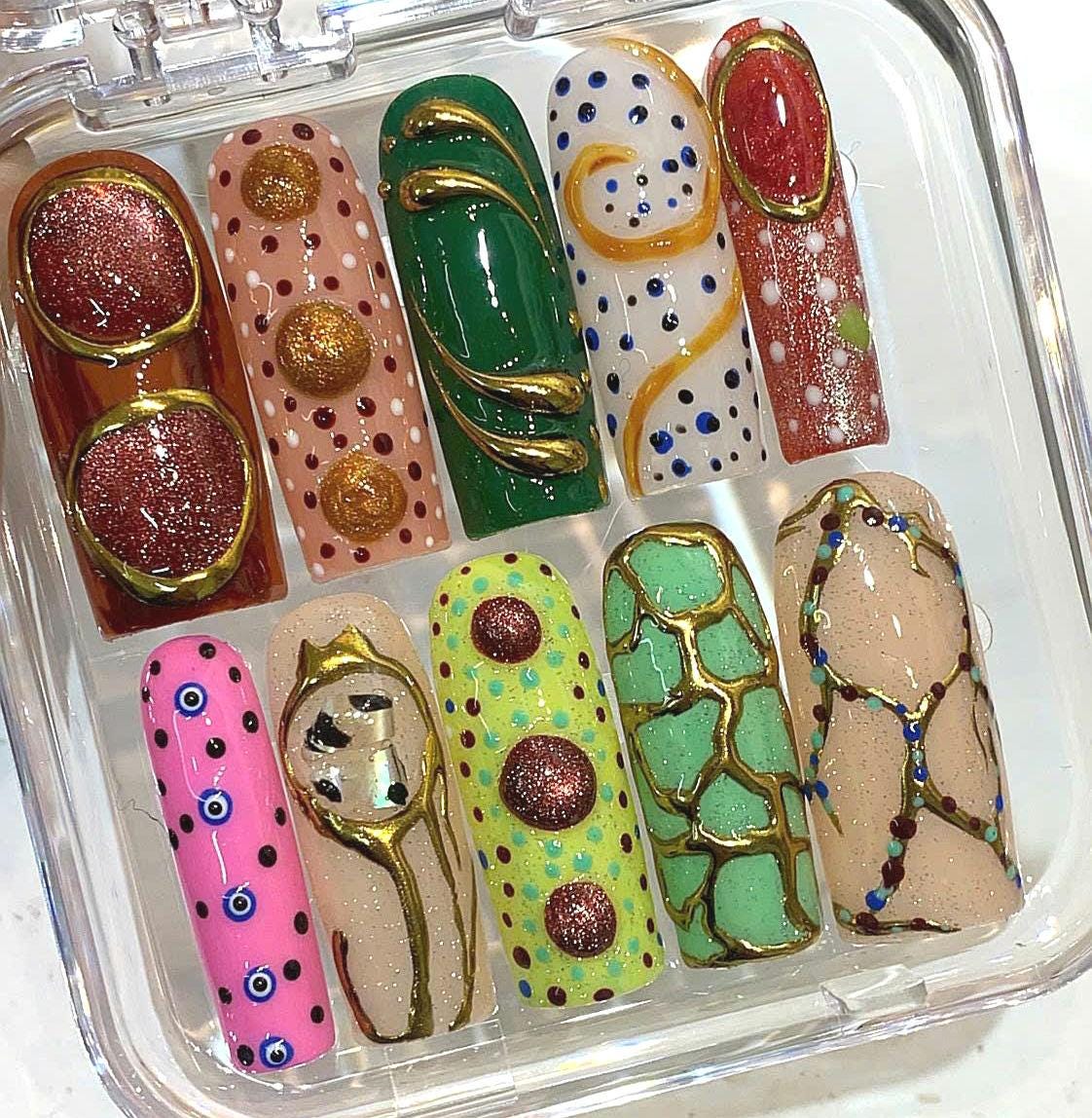 Abstract 3D Press On Nails: Handmade Artistic Festival Nail Art