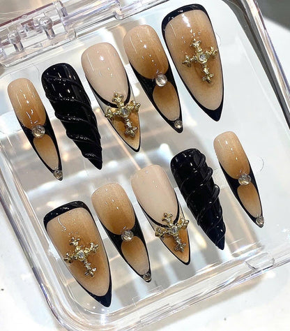 Gothic Cross Press On Nails | Nude Black Luxury Nails | 3D Gold Cross Stiletto Nails | Dark Elegant False Nails