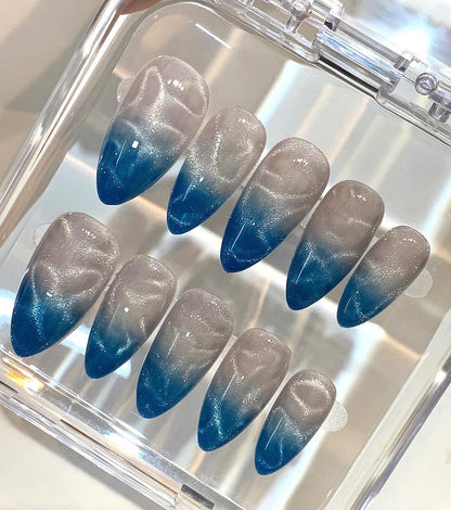 Ocean Wave Press On Nails | Blue Ombre Stiletto, Shimmer Effect