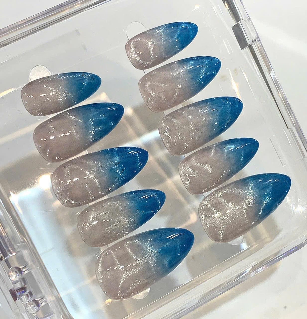 Ocean Wave Press On Nails | Blue Ombre Stiletto, Shimmer Effect