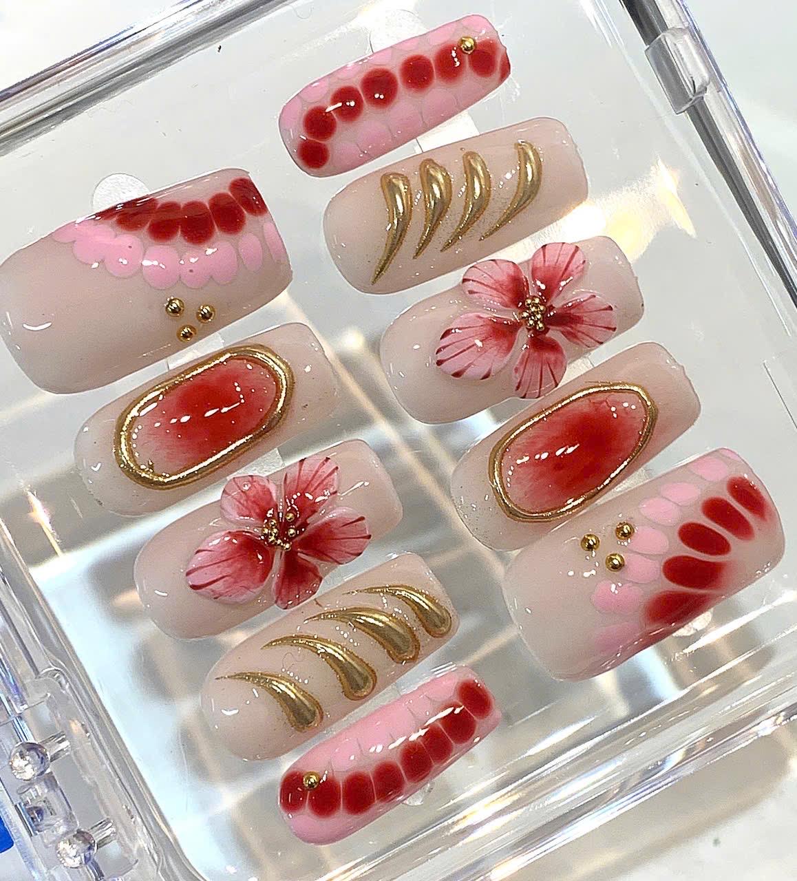 3D Rose Press On Nails: Rhinestone Flower Long Stiletto Nails
