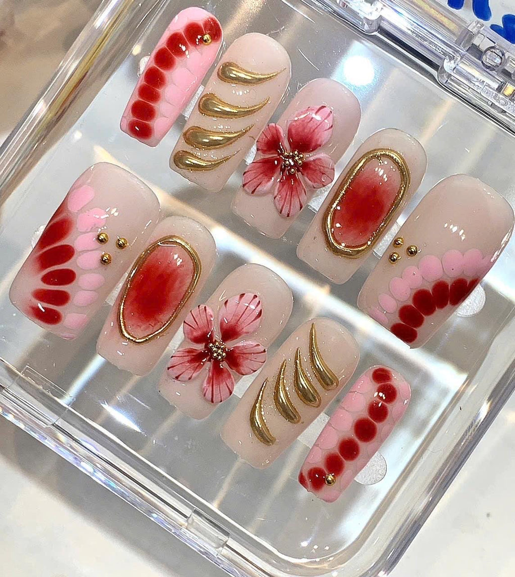 3D Rose Press On Nails: Rhinestone Flower Long Stiletto Nails