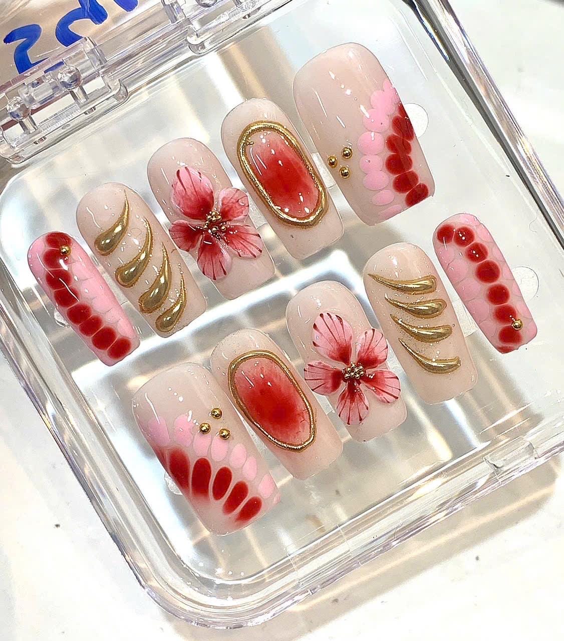 3D Rose Press On Nails: Rhinestone Flower Long Stiletto Nails