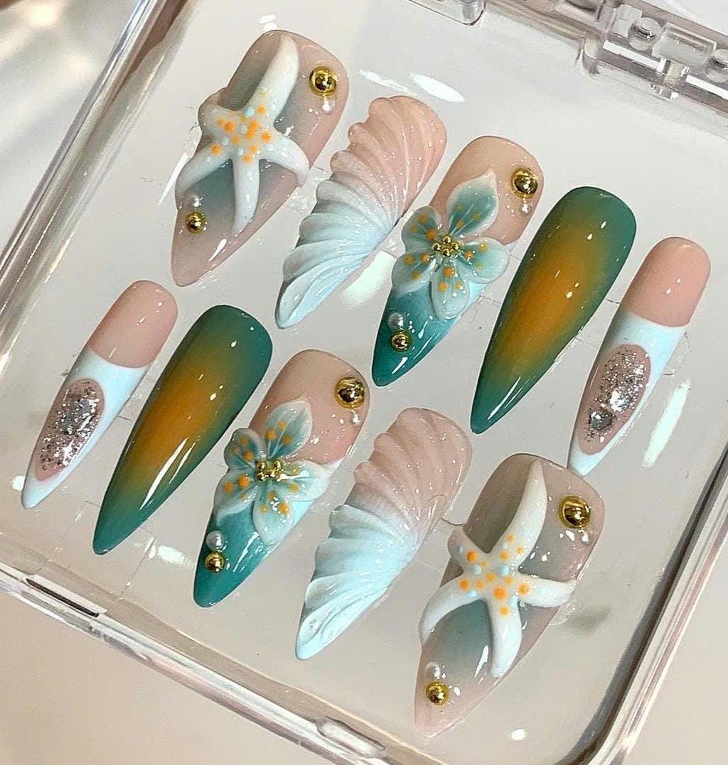3D Seashell Press On Nails: Beach Ocean Long Coffin Handmade