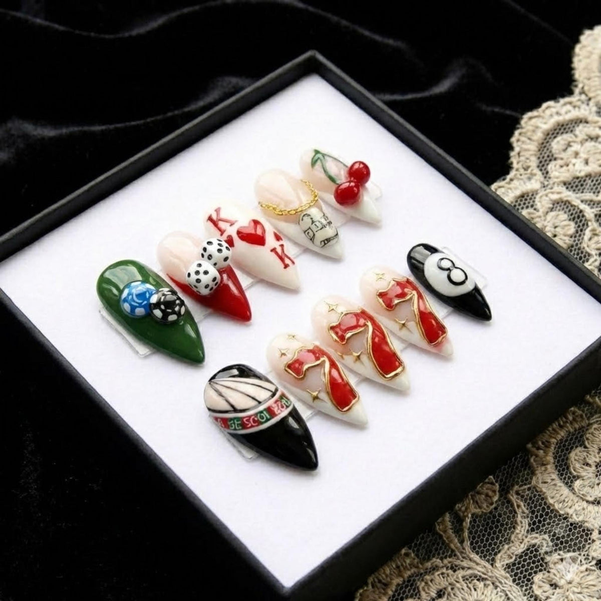 Handmade Casino Glam Press On Nails | Dice, Playing Cards, 8 Ball, Cherry & Red Heel Art | Long Stiletto Nails For Bold Luxury Vibes