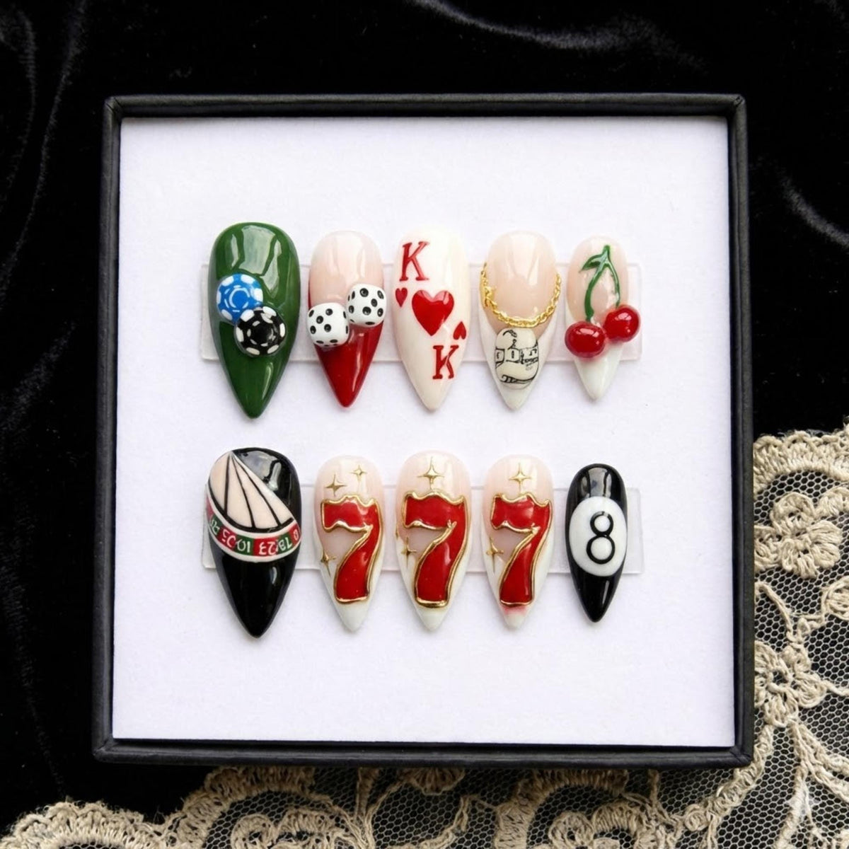 Handmade Casino Glam Press On Nails | Dice, Playing Cards, 8 Ball, Cherry & Red Heel Art | Long Stiletto Nails For Bold Luxury Vibes