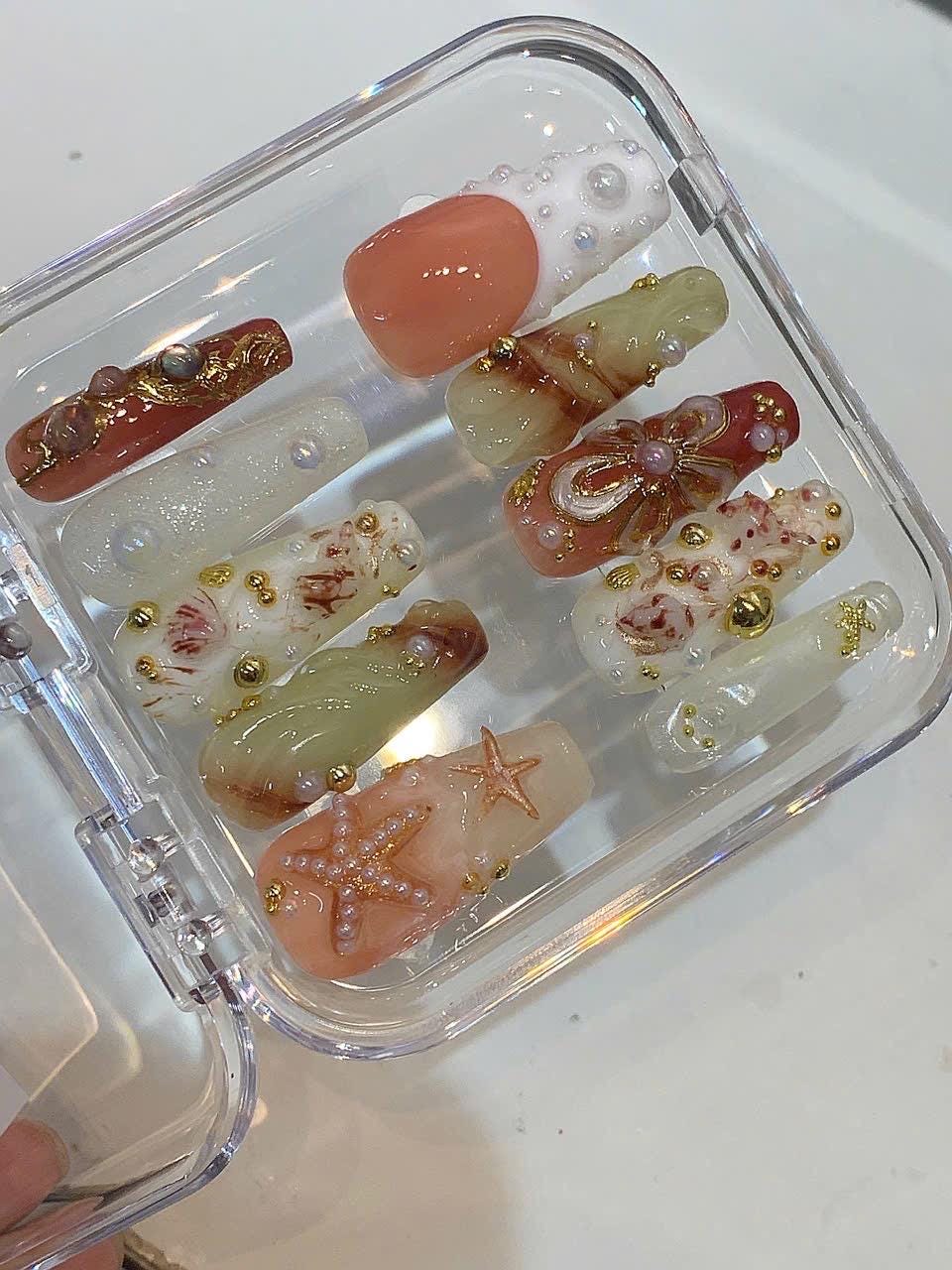 Mermaid Press On Nails | 3D Pearl Seashell, Ocean Treasure