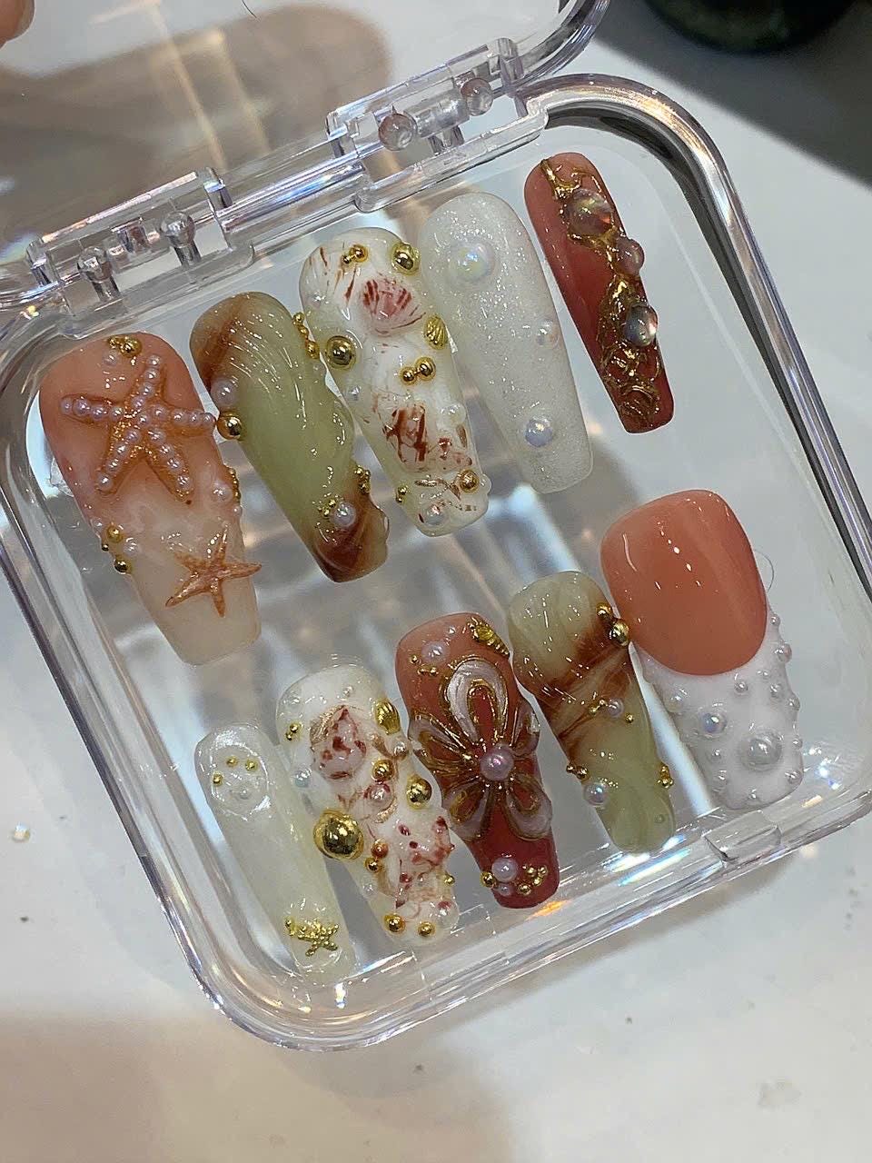 Mermaid Press On Nails | 3D Pearl Seashell, Ocean Treasure
