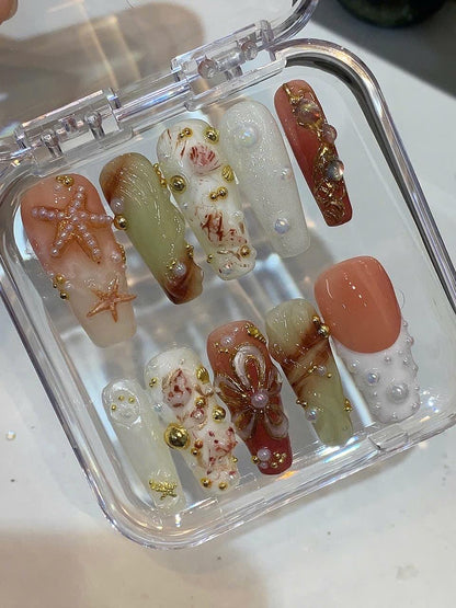 Mermaid Press On Nails | 3D Pearl Seashell, Ocean Treasure