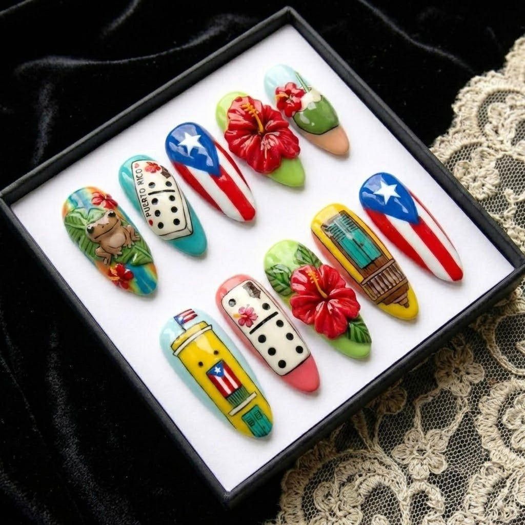 Puerto Rico Flag Press On Nails | Colorful Glossy Hand Painted | 3D Hibiscus Coqui & Domino Long Almond | Boricua Pride Vacation Art