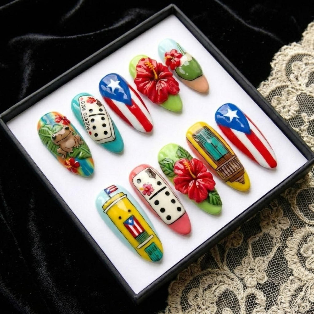 Puerto Rico Flag Press On Nails | Colorful Glossy Hand Painted | 3D Hibiscus Coqui & Domino Long Almond | Boricua Pride Vacation Art