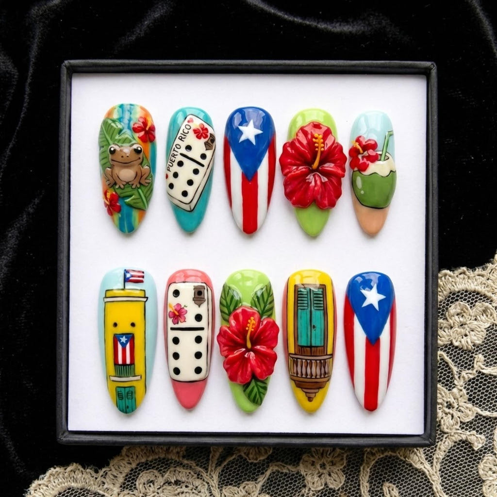 Puerto Rico Flag Press On Nails | Colorful Glossy Hand Painted | 3D Hibiscus Coqui & Domino Long Almond | Boricua Pride Vacation Art