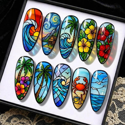 Tropical Beach Press On Nails | Colorful Stained Glass | Handmade Almond Wave & Floral | Summer Vacation Vibe