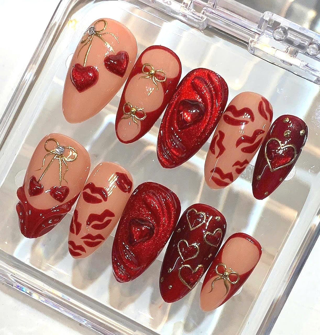 Red Heart Press On Nails | 3D Glitter, Kiss Lip Design