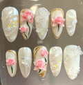 Luxury 3D Flower Press On Nails | Bridal Pearl Butterfly Nail Set | Handmade White Nails