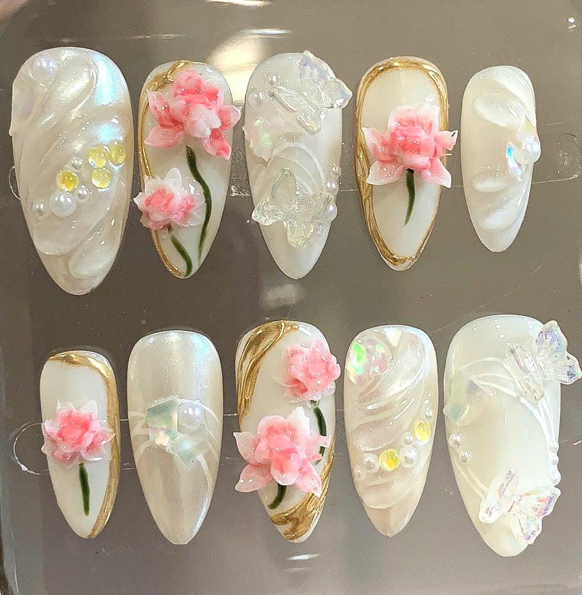 Luxury 3D Flower Press On Nails | Bridal Pearl Butterfly Nail Set | Handmade White Nails