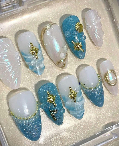 Mermaid Press On Nails: Blue Glitter Seashell & Starfish Charms