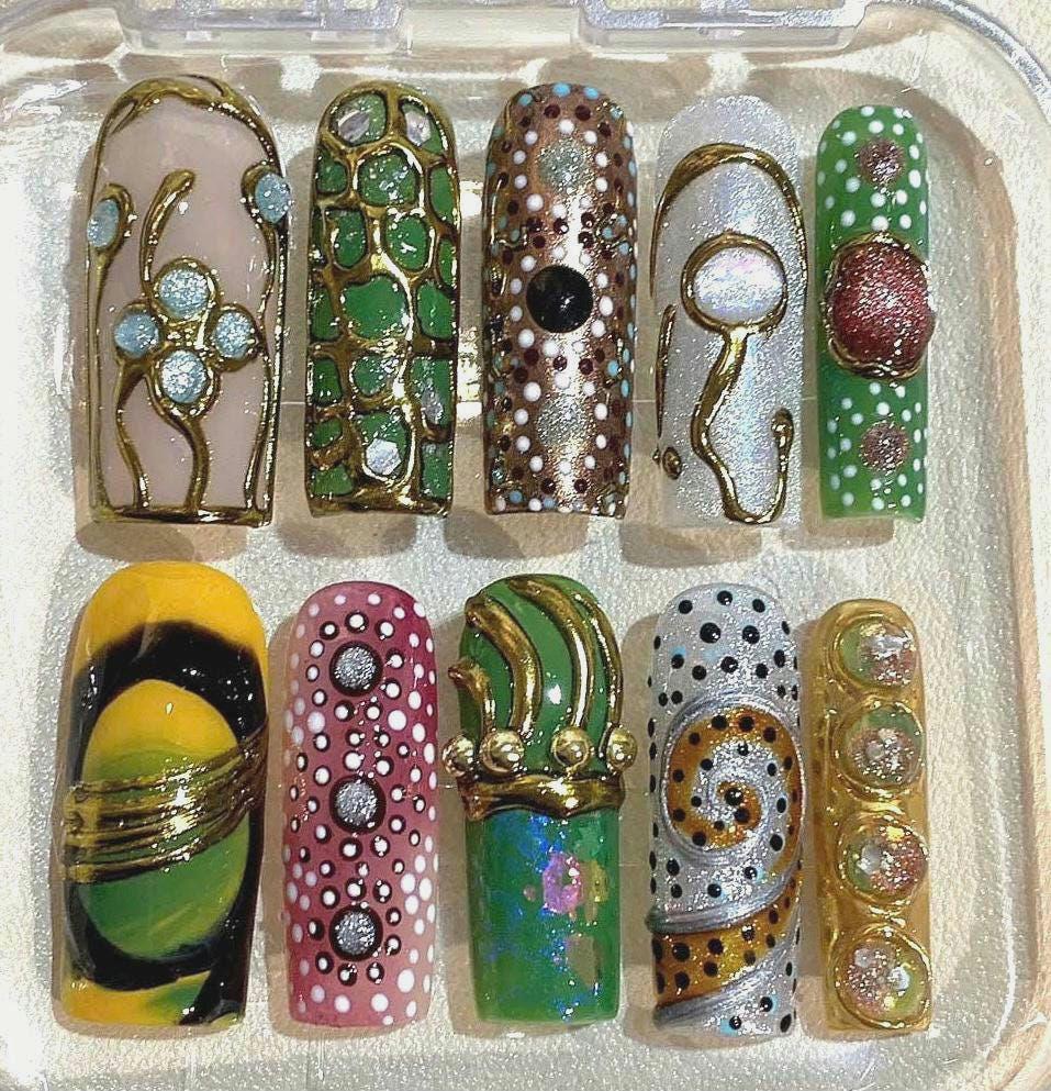 Hand Painted Press On Nails | Green Gold Abstract Dot Art