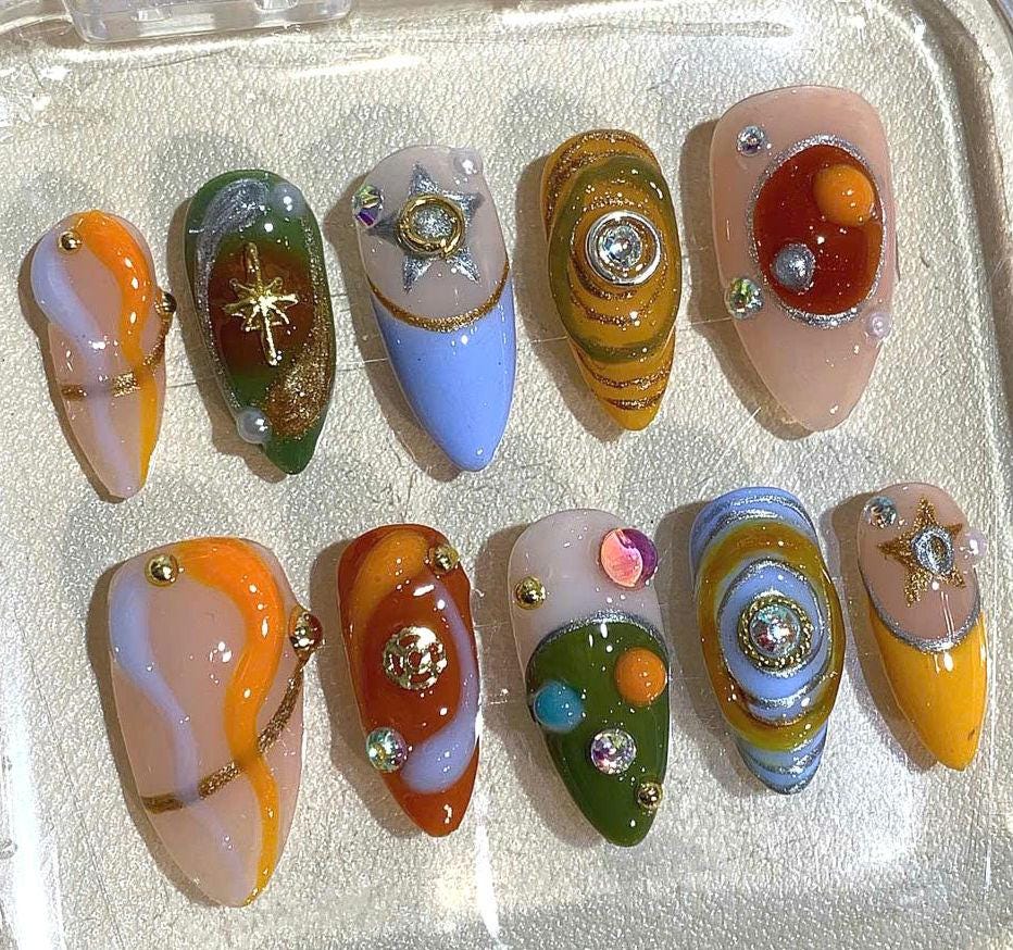 3D Galaxy Swirl Press On Nails: Cosmic Stone & Star Charm Nail Art