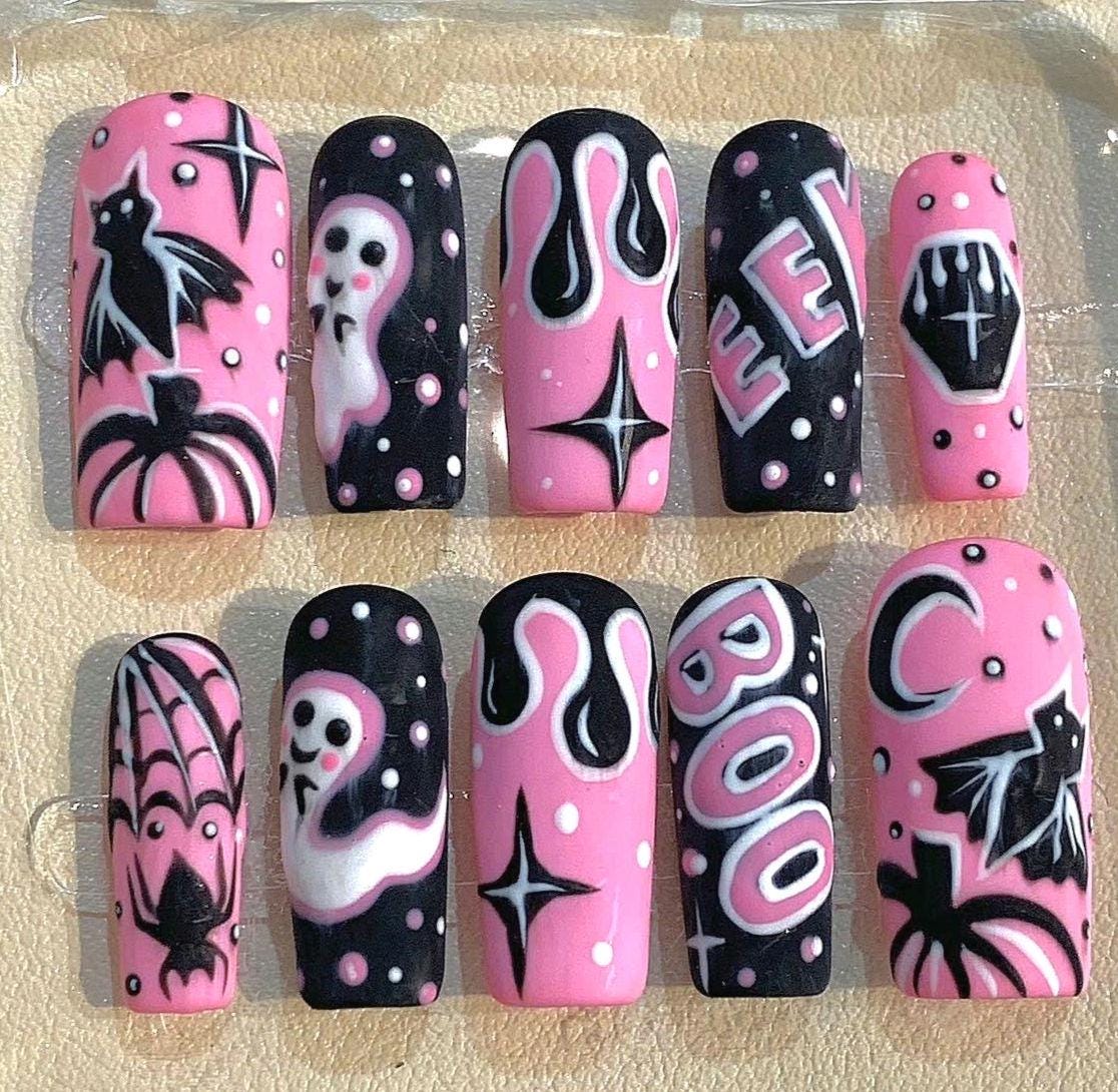 Pink & Black Halloween Press On Nails – Spooky Ghost Bat Art