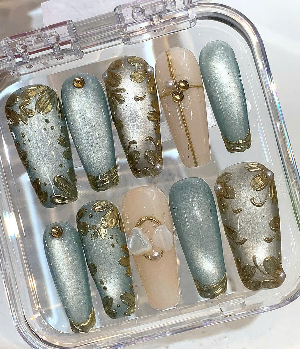 Blue Gold Leaf Press On Nails: Elegant Pearl Wedding Nail Art