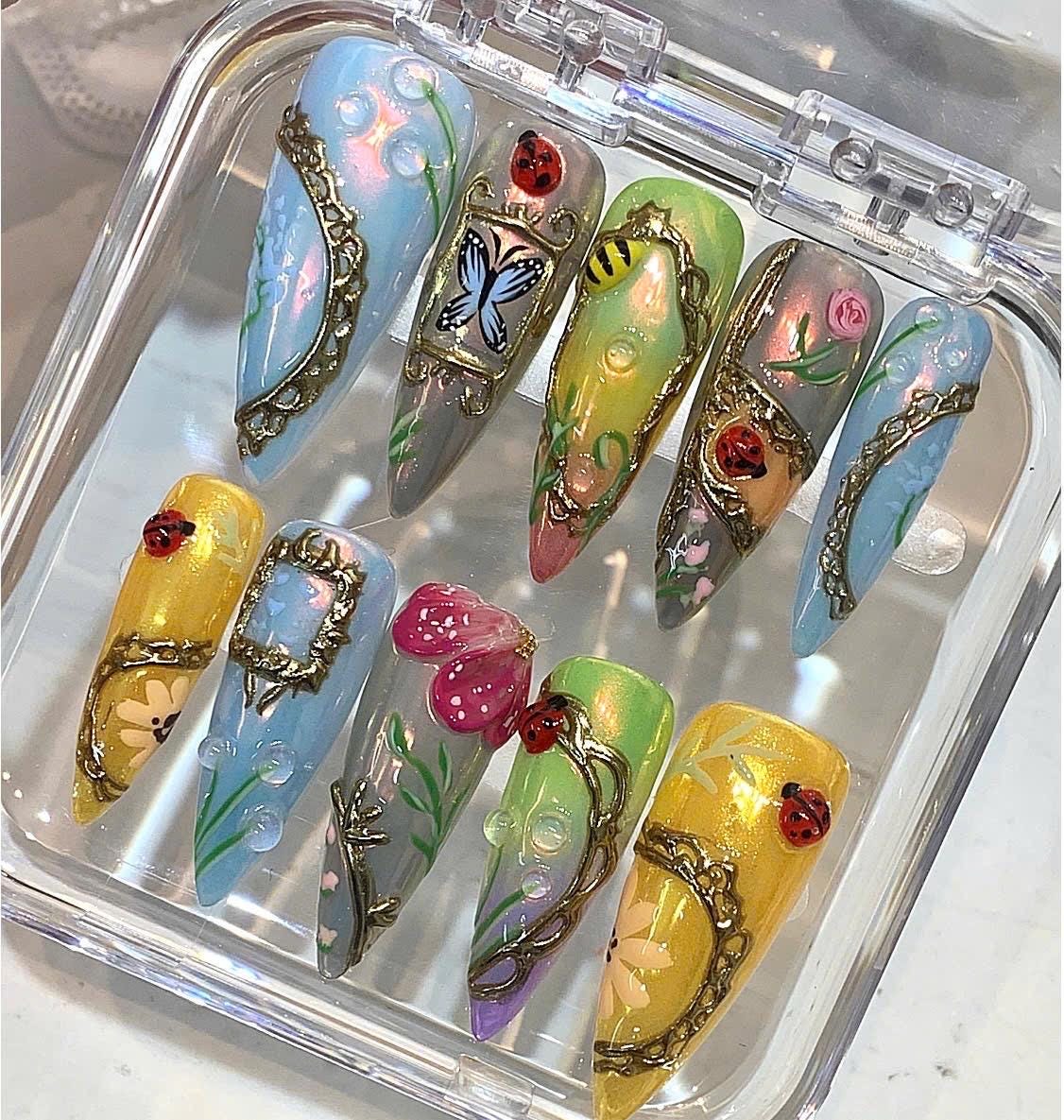 Fairy Garden Press On Nails | 3D Butterfly Ladybug Flower Art Set